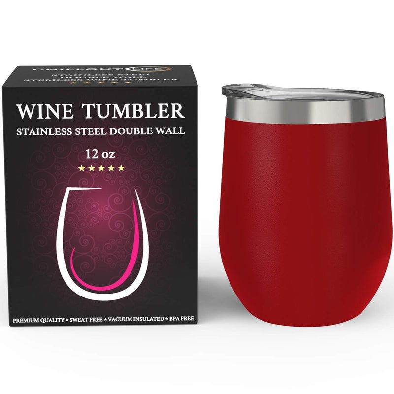 CHILLOUT LIFE 12 oz Stainless Steel Wine Tumbler with Lid - Double Wall Vacuum Insulated Wine Cup Glass Keeping Cold & Hot for Coffee, Champagne, Cocktails, Ice Cream - Powder Coated Red - Image 2